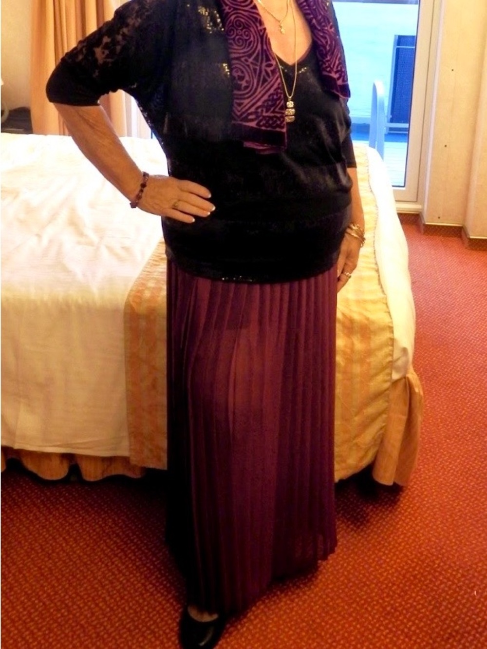 Women's Burgundy Sheer Pleated Maxi Skirt Contrast Waistband size 16 Jesse & J